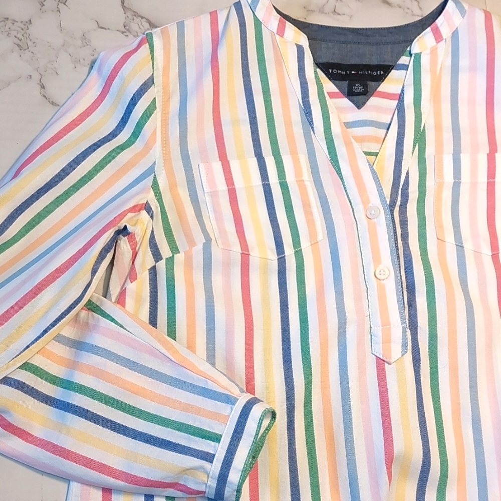 Tommy Hilfiger Rainbow Striped Cotton Popover Top, Size XS